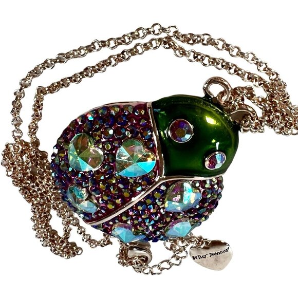 Betsey Johnson Ladybug Necklace AB red pave' iridescent hearts glistening chain - Picture 2 of 7